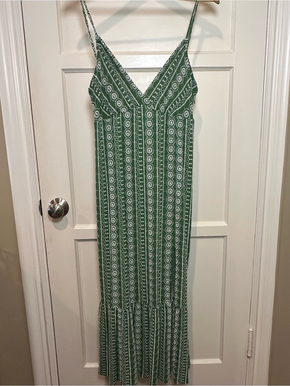Zara Embroidered Geometric Pattern Dress, Green/White Size Small